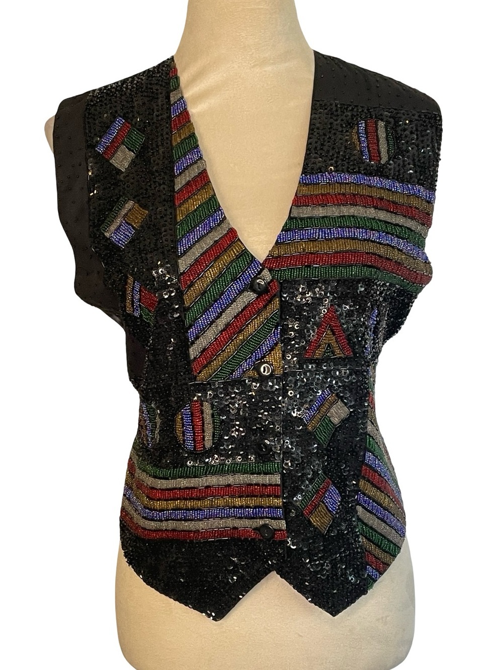 Vintage Black Beaded Sequin Vest with Multicolor Stripe Accents
